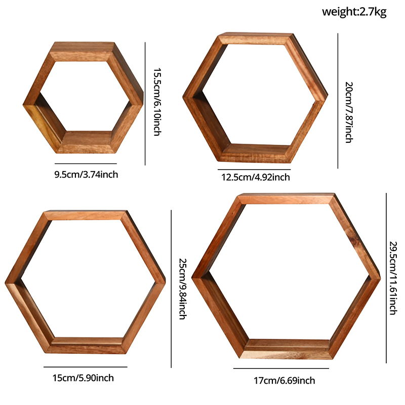 Wooden Wall Hexagon Floating Wall Mounted Storage Honeycomb Racks Shelves for Decor