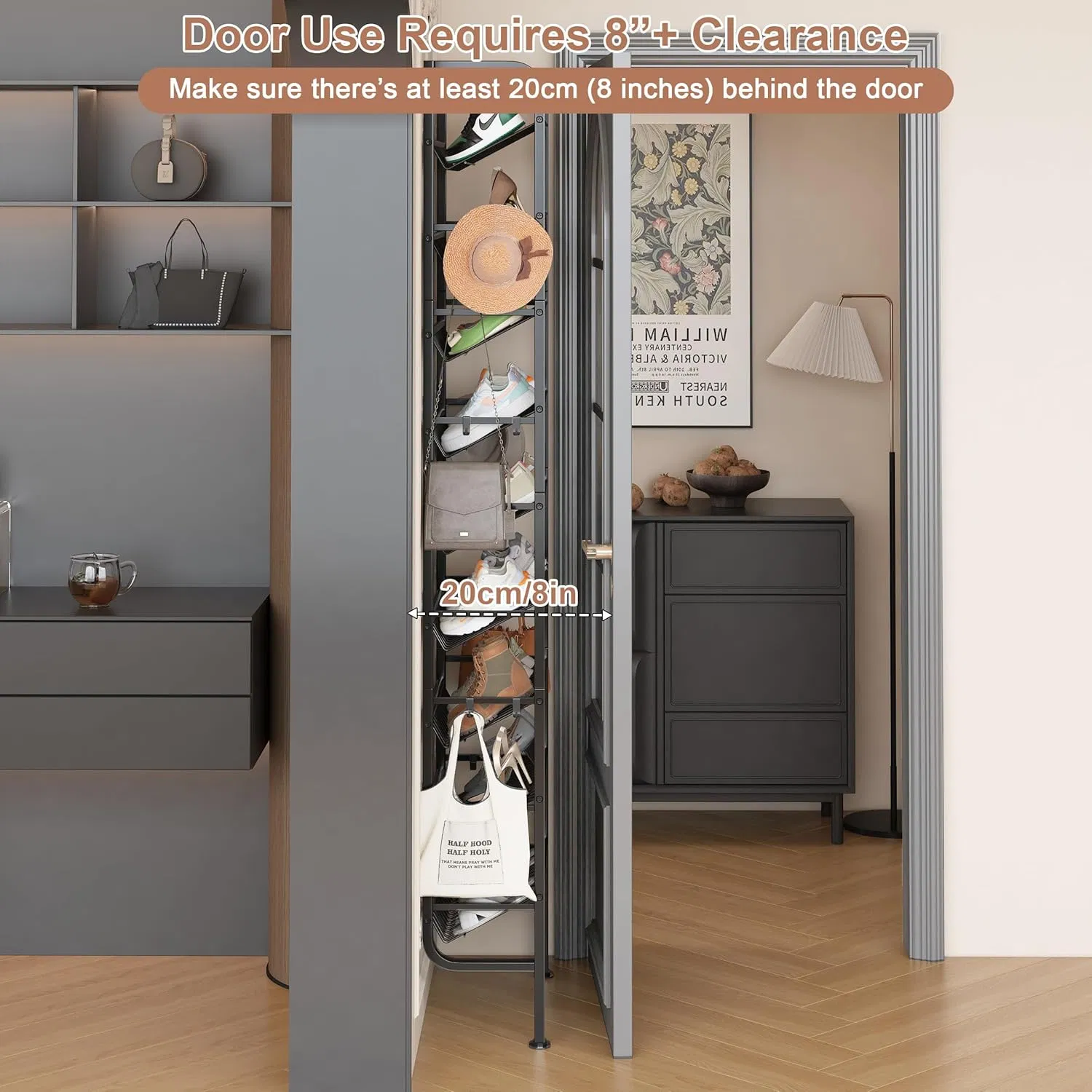 Baseboard-Friendly Narrow 9-Tier Shoe Organizer with Hooks for Over-The-Door Home Entryway