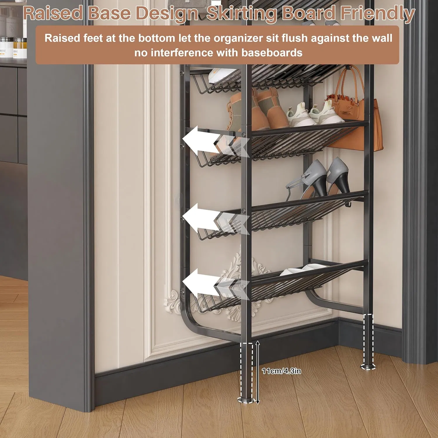 Baseboard-Friendly Narrow 9-Tier Shoe Organizer with Hooks for Over-The-Door Home Entryway