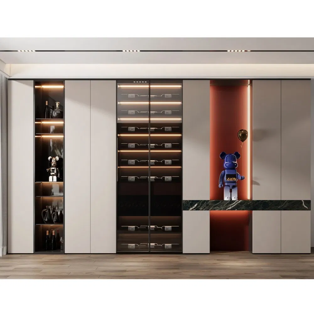 Minimalist Plywood Buffet Sideboard with Glass Doors LED Light Strip Storage Organizer