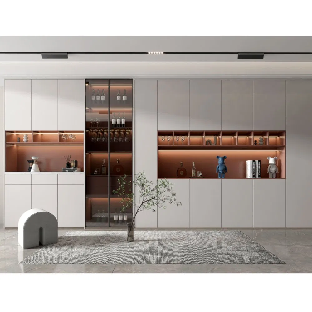 Contemporary Kitchen Buffet Sideboard Plywood Glass Doors LED Light Strip Organizer