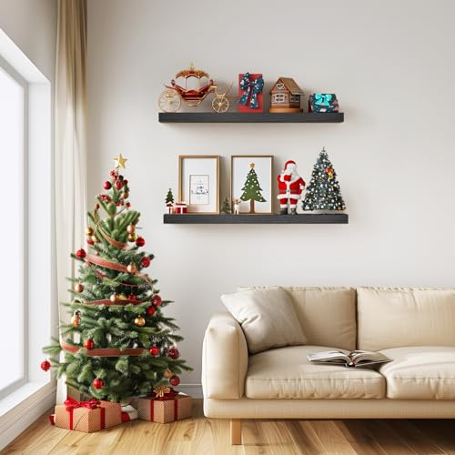 Homeforia 16 Inch Black Floating Shelves, High End Solid Real Wood 16inch Bathroom Floating Shelves for Wall Mounted, 16in Wooden Small Floating Shelf, Heavy Du