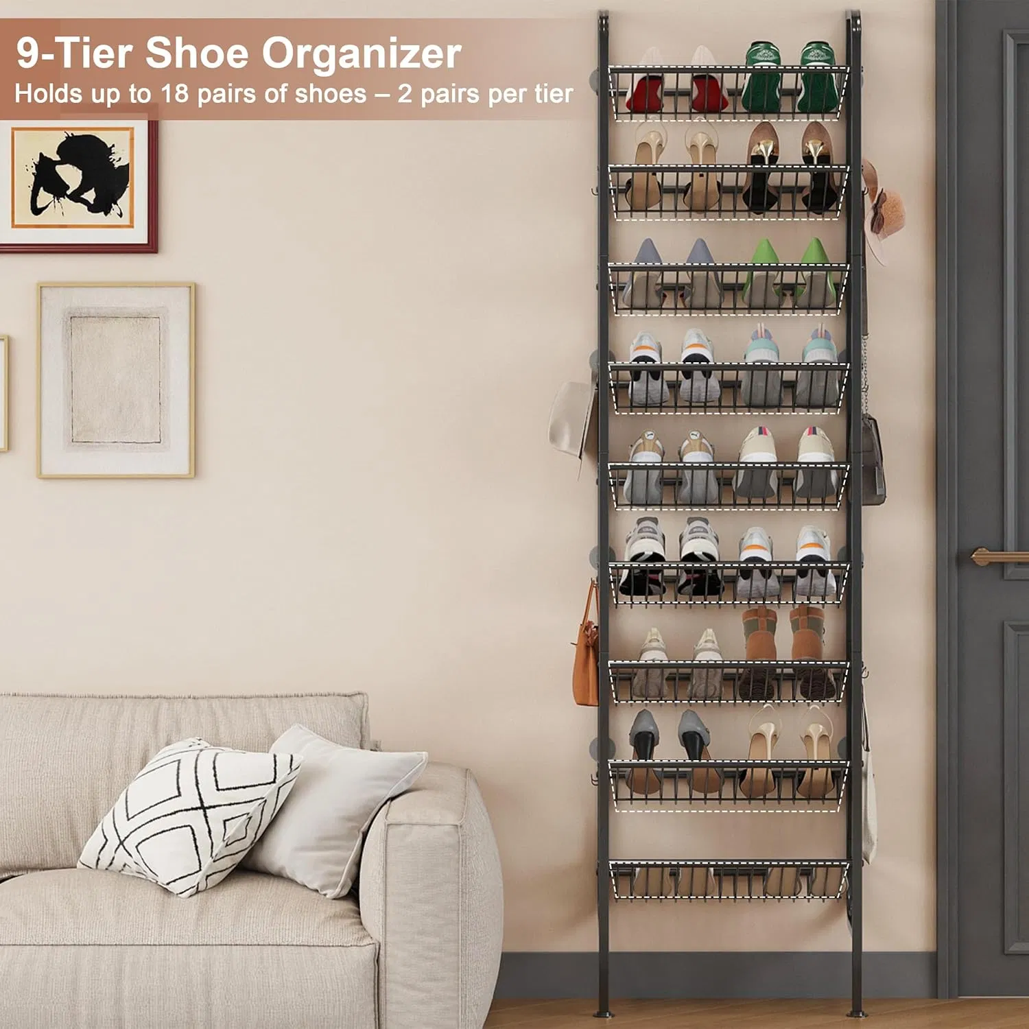 Baseboard-Friendly Narrow 9-Tier Shoe Organizer with Hooks for Over-The-Door Home Entryway