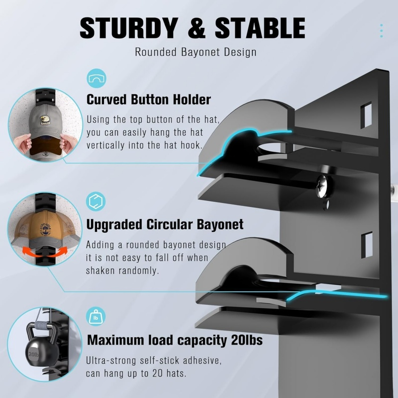 Black 2pack Strong Adhesive Wall Door Hat Organizer for Baseball Caps