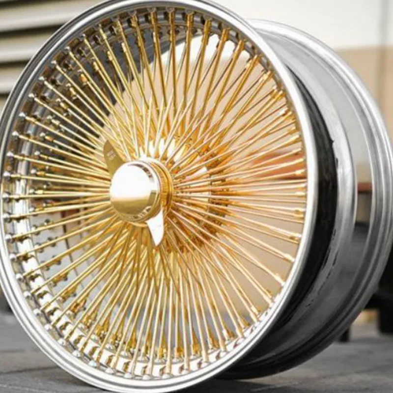 Custom Car Wheels 13X7 14X7 15X7 72 100 Spoke Reverse Cross Lace Gold Wire Wheels Rims Car Accessories