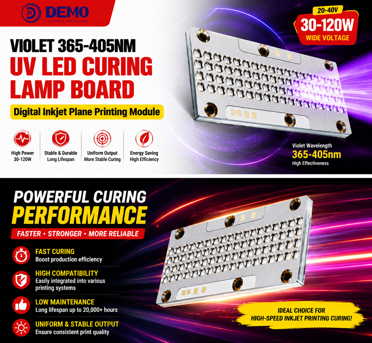 365nm 405nm UV LED Curing Lamp Board for Digital Inkjet Printing High Speed UV Light Module 20V - 40V Customizable