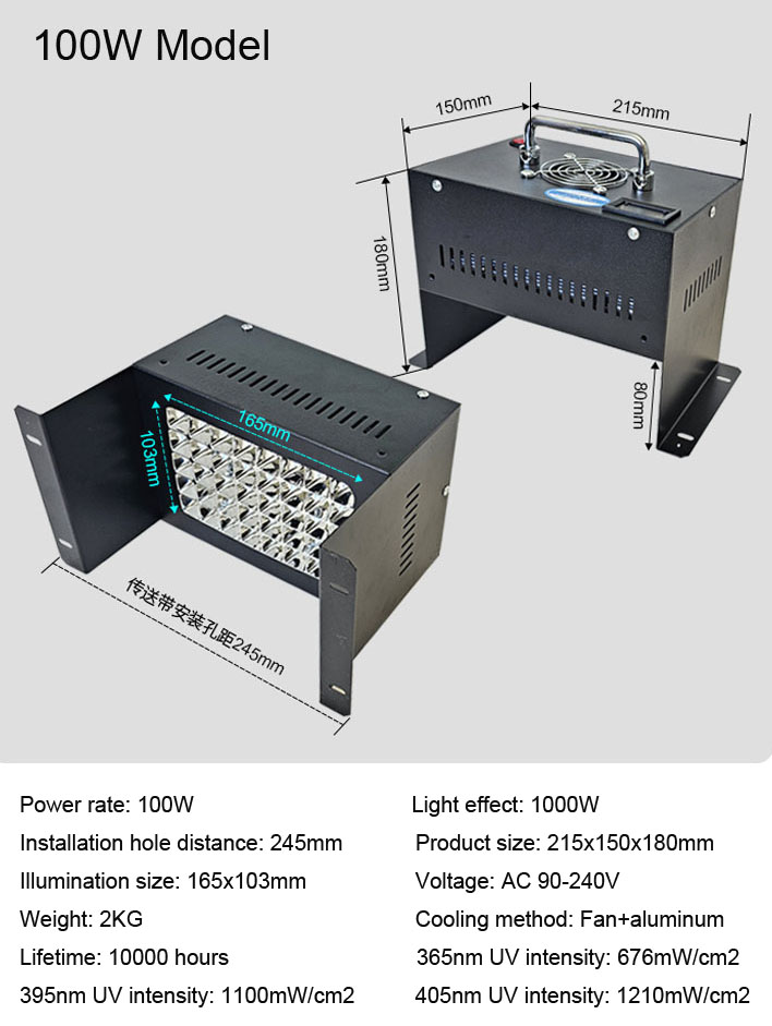 100 Watt LED UV Coating Machine 365nm 395nm 405nm UV Painting Curing Lamp for Conveyor Silkscreen Curing UV Polish Dryer Light