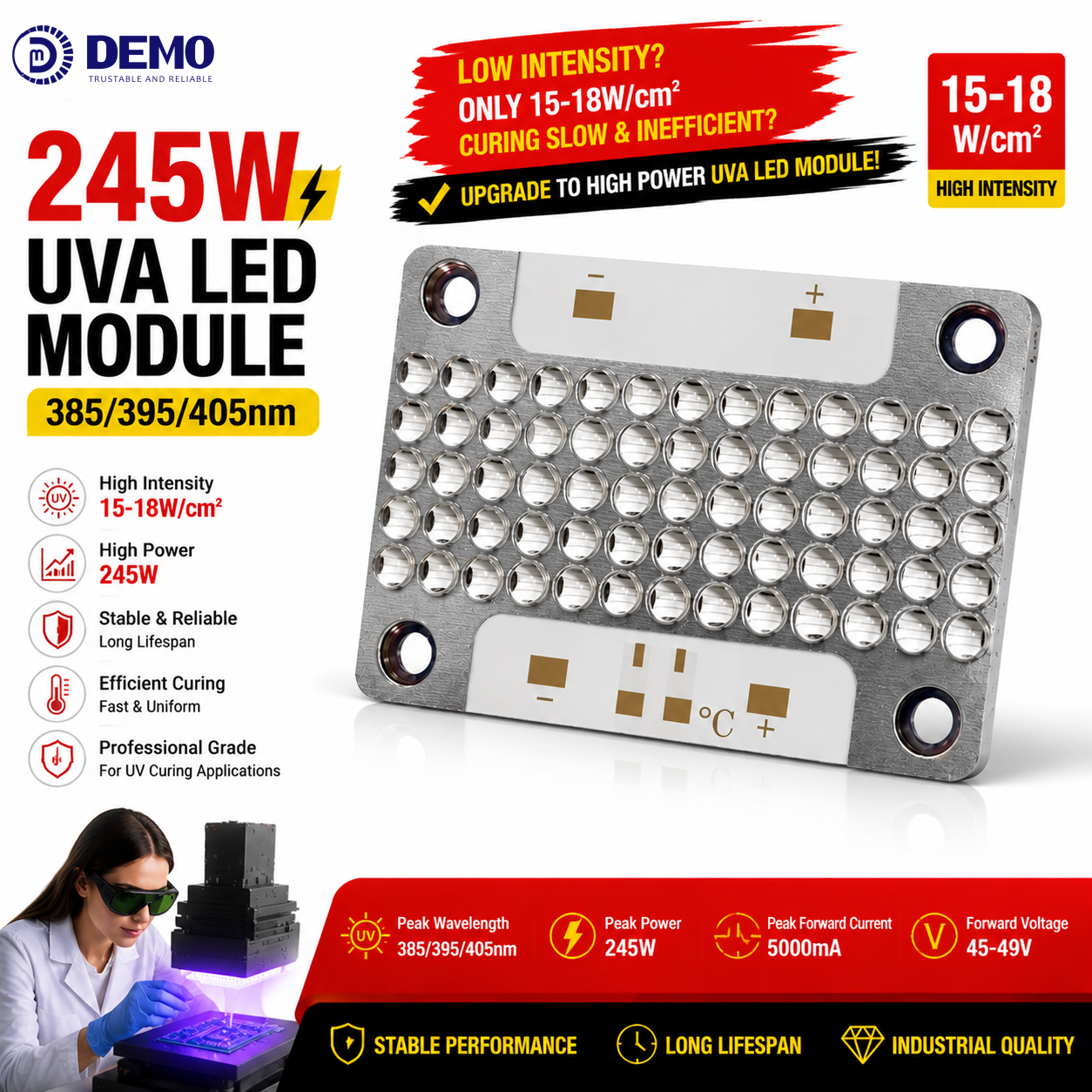 Professional Supplier 245W 385nm 395nm 405nm 48*33mm 15-18W/cm2 LED UVA Module UV LED Array COB LED Chip Module for UV Curing