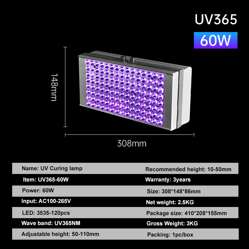 60W UV Curing Lamp for Silkscreen Printing Conveyor Drying Machine 365nm Uv Led Black Light Curing Device for 3D Print