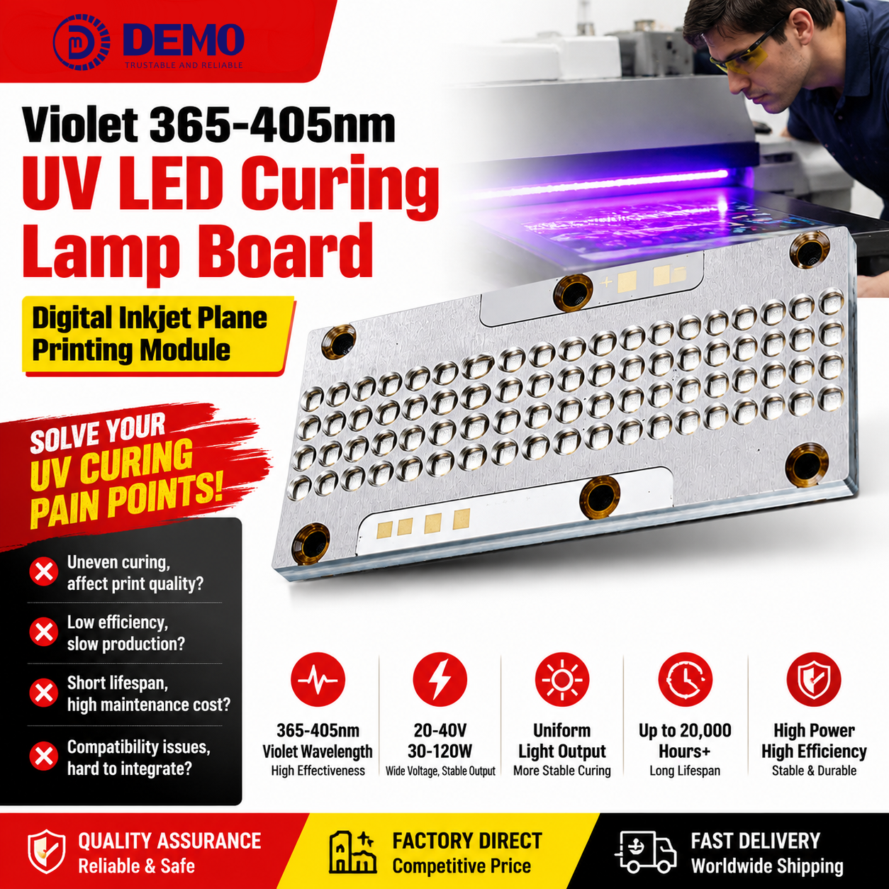 365nm 405nm UV LED Curing Lamp Board for Digital Inkjet Printing High Speed UV Light Module 20V - 40V Customizable