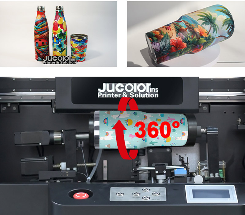 Jucolor Bottle 360 UV Printer With Ricoh Gen6 15mm High Droplet Solution For Cylindrical Handle, Bowl, Cosmetic/Water Bottles