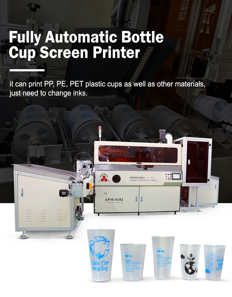 APM S102 New Automatic High-Speed Tube Printer Screen Printing Machine with UV Curing System for Plastics and Glass Industries