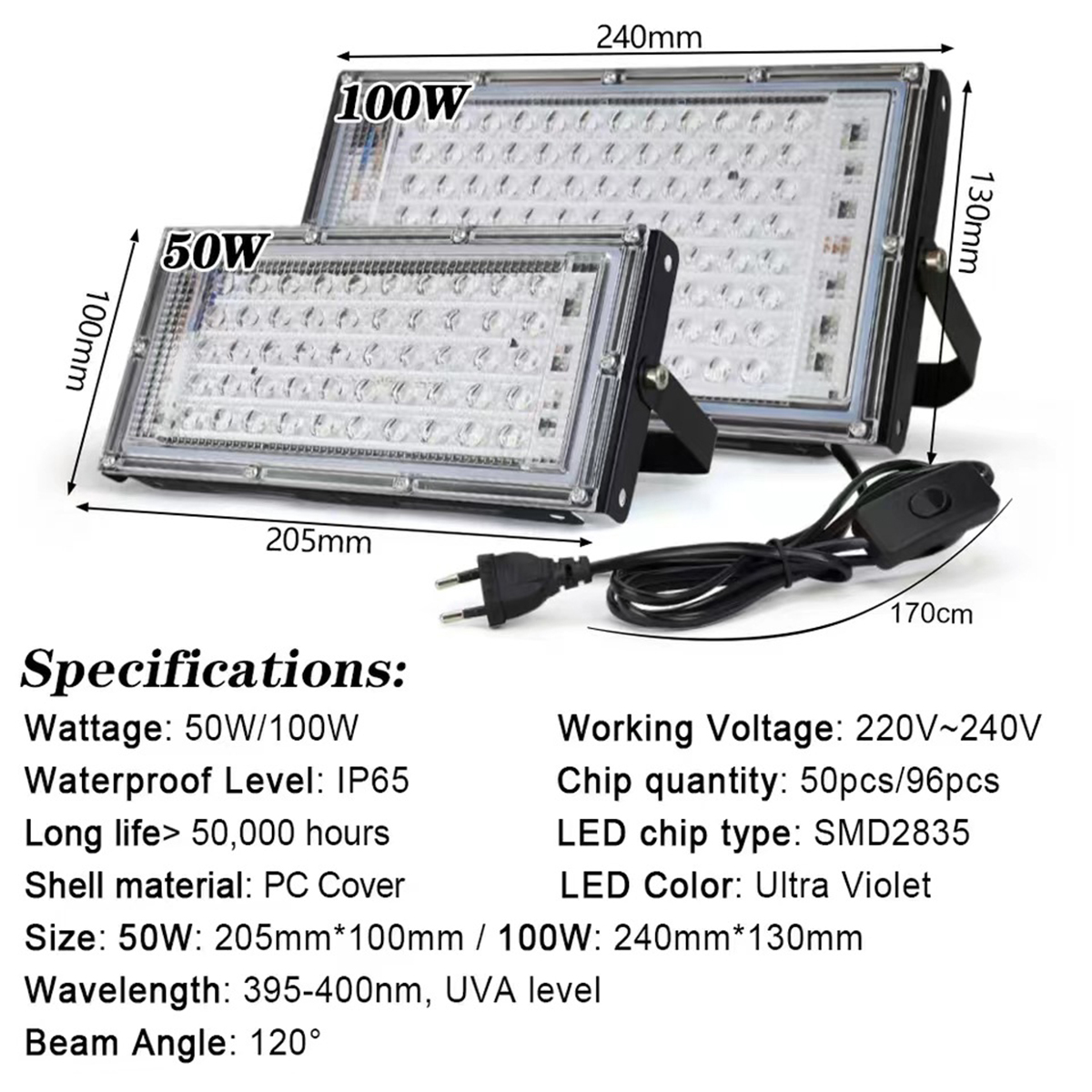 Led Uv Floodlight 50w 100w 395nm Curing Lamp Floodlights Germicidal Plug Lights Fluorescent Detection Outdoor Ultraviolet Light
