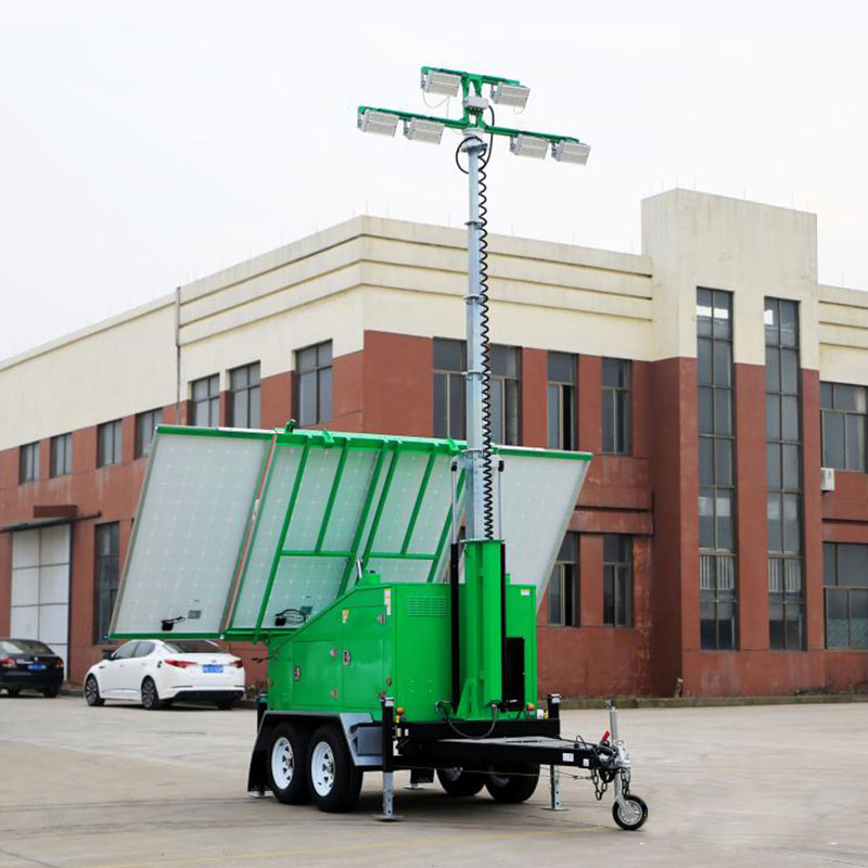 Solar Powered Lighting with Mobile Trailer. Security Tower with Solar Panel