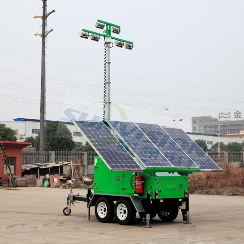Solar Powered Lighting with Mobile Trailer. Security Tower with Solar Panel