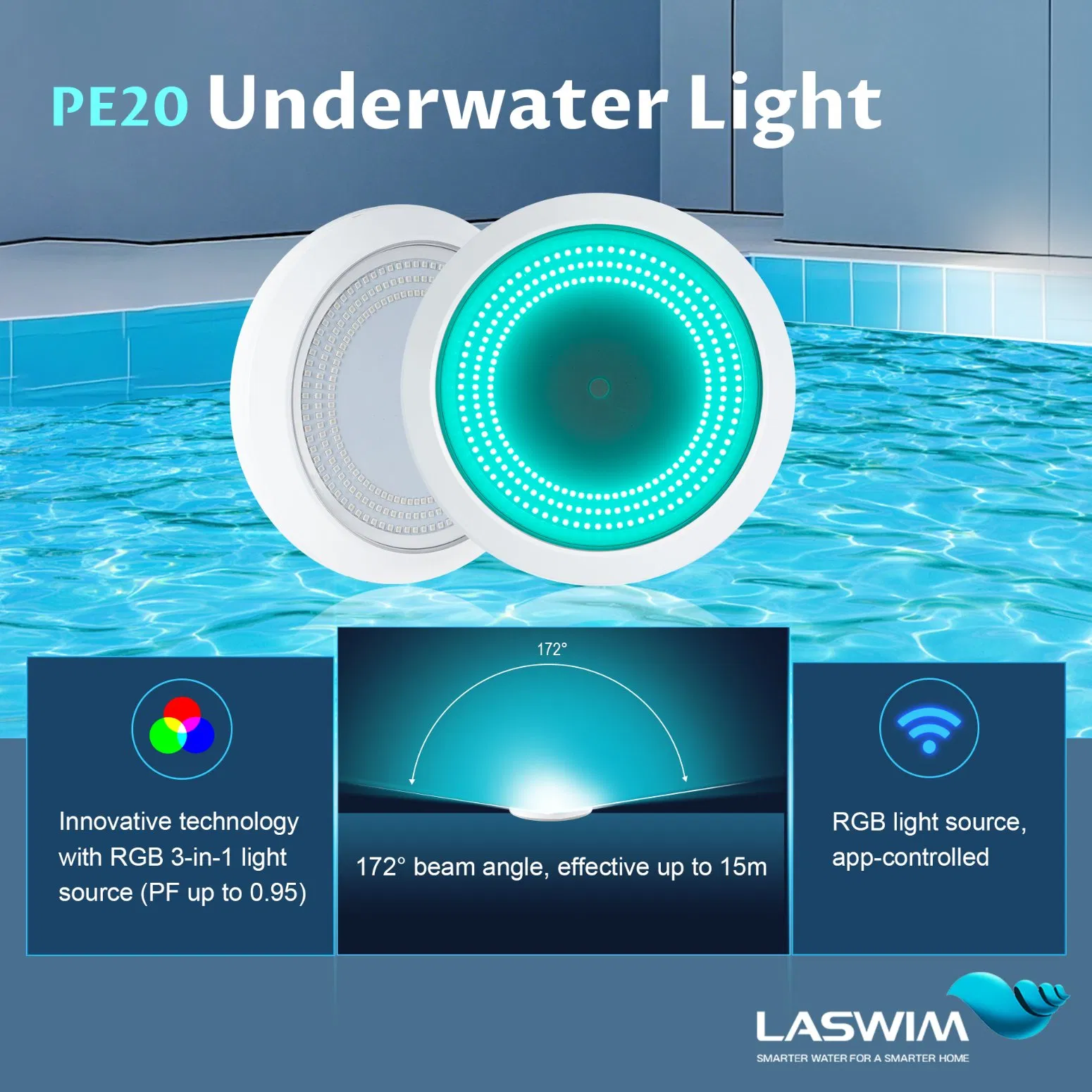 Smart LED Swimming Pool Underwater Light 115° Wide Angle RGB+White APP Control