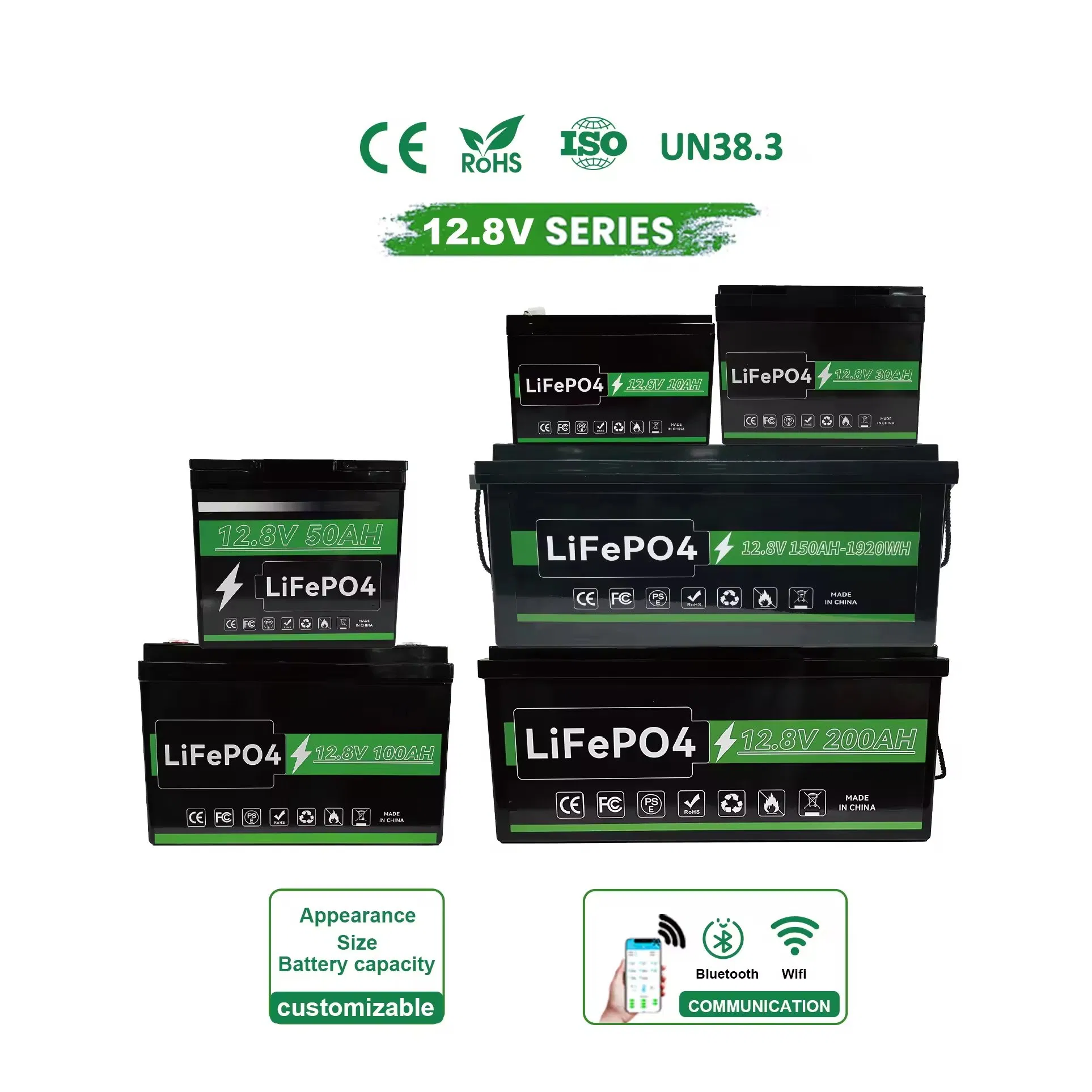 High Performance Lithium Ion Batteries 12V 10ah 20ah 30ah 50ah 100ah 150ah 200ah 12.8V LiFePO4 Battery Smart BMS 4s 12V LiFePO4