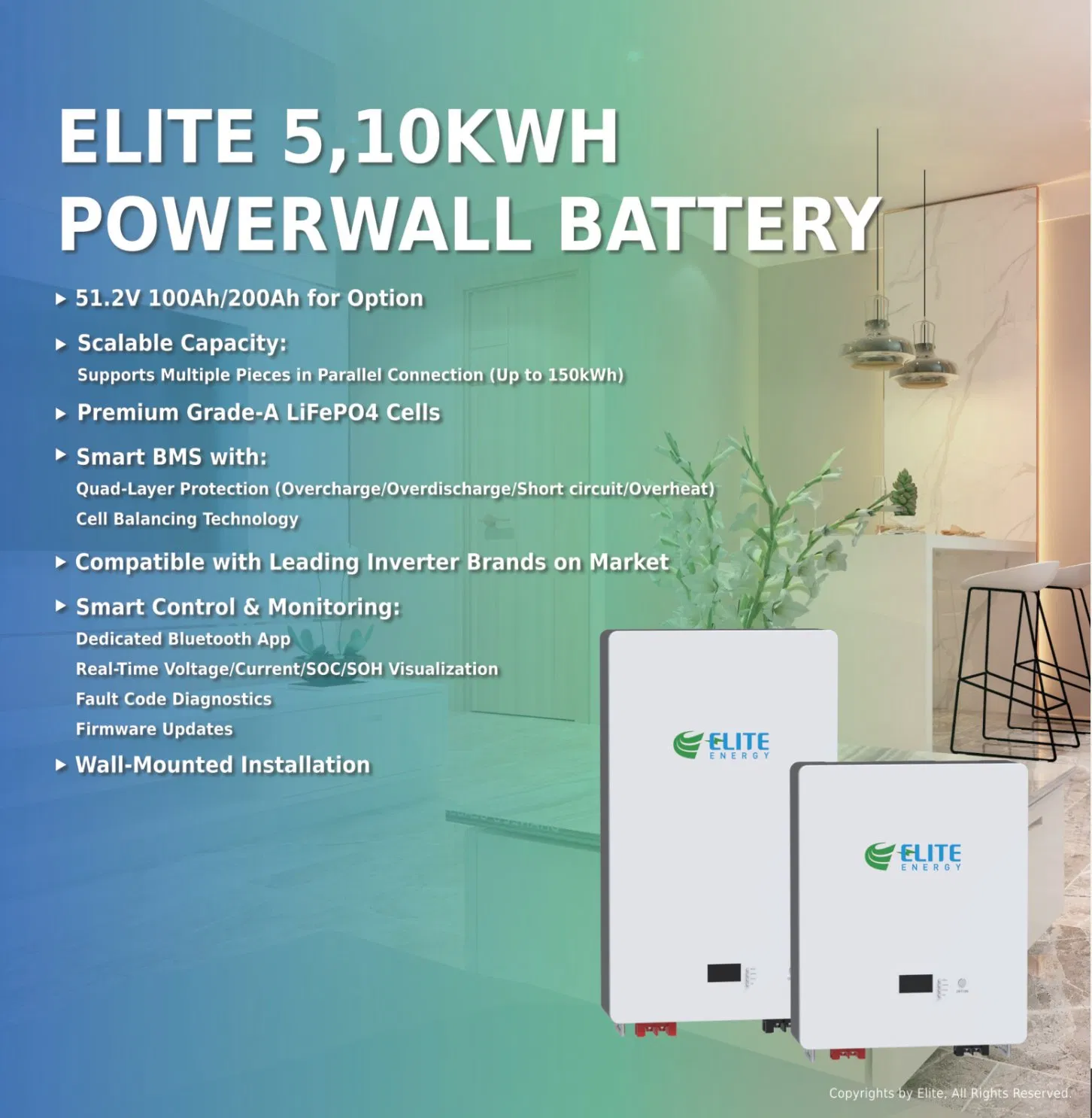Factory Price Elite 48V 100ah 200ah Wall Mounted Solar Lithium Ion Battery for Home Energy Storage System