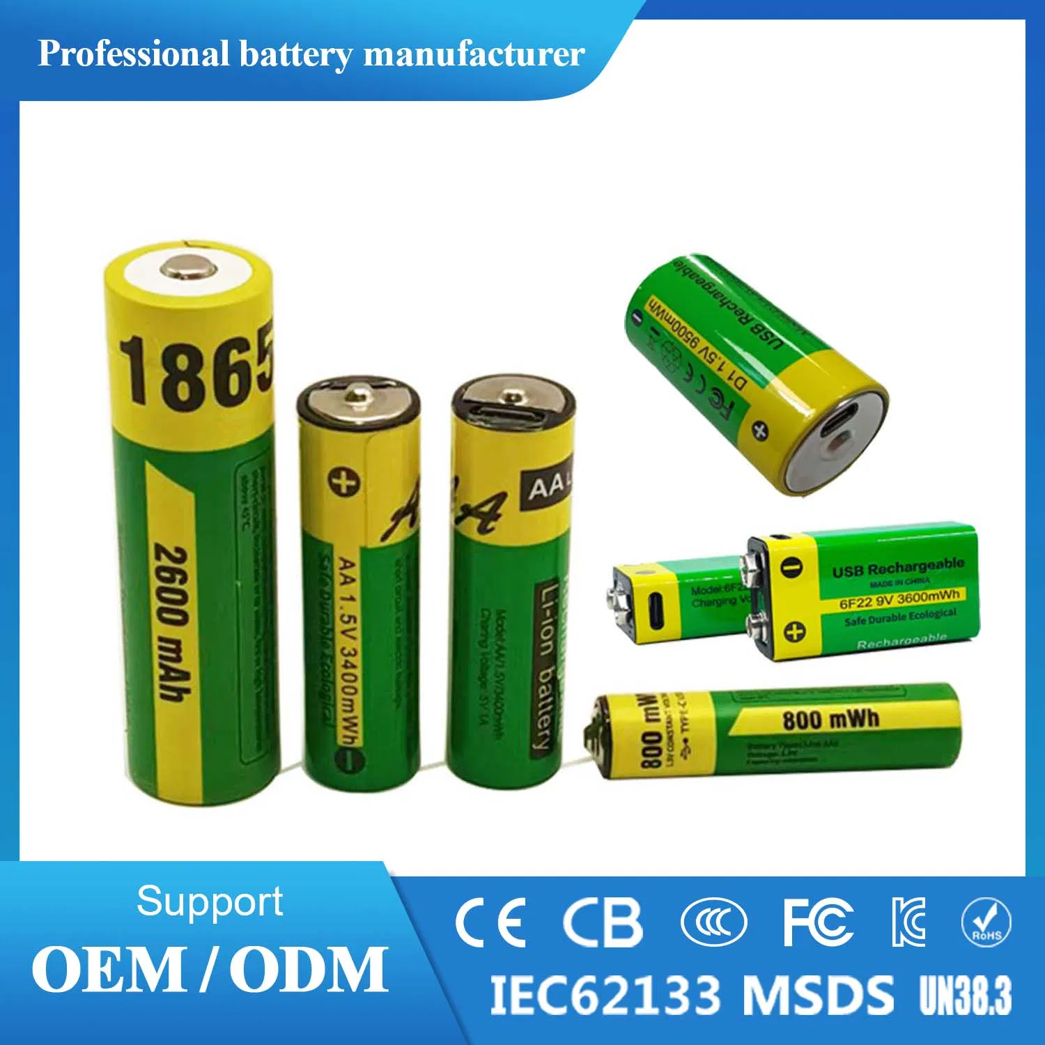 Factory Direct 3.7V 18650 Rechargeable Battery 2000mAh 2200mAh Type C Port 7400mwh Lithium Ion Cell Bulk Supply