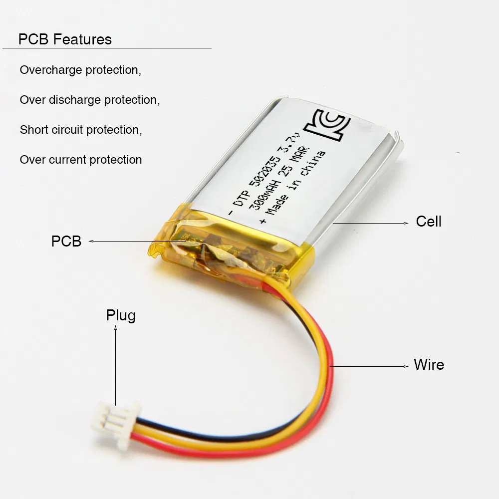 Stock Dtp502035 Kc IEC62133 RoHS Certificate Li-Polymer 300mAh Lipo 3.7V Lithium Polymer Battery