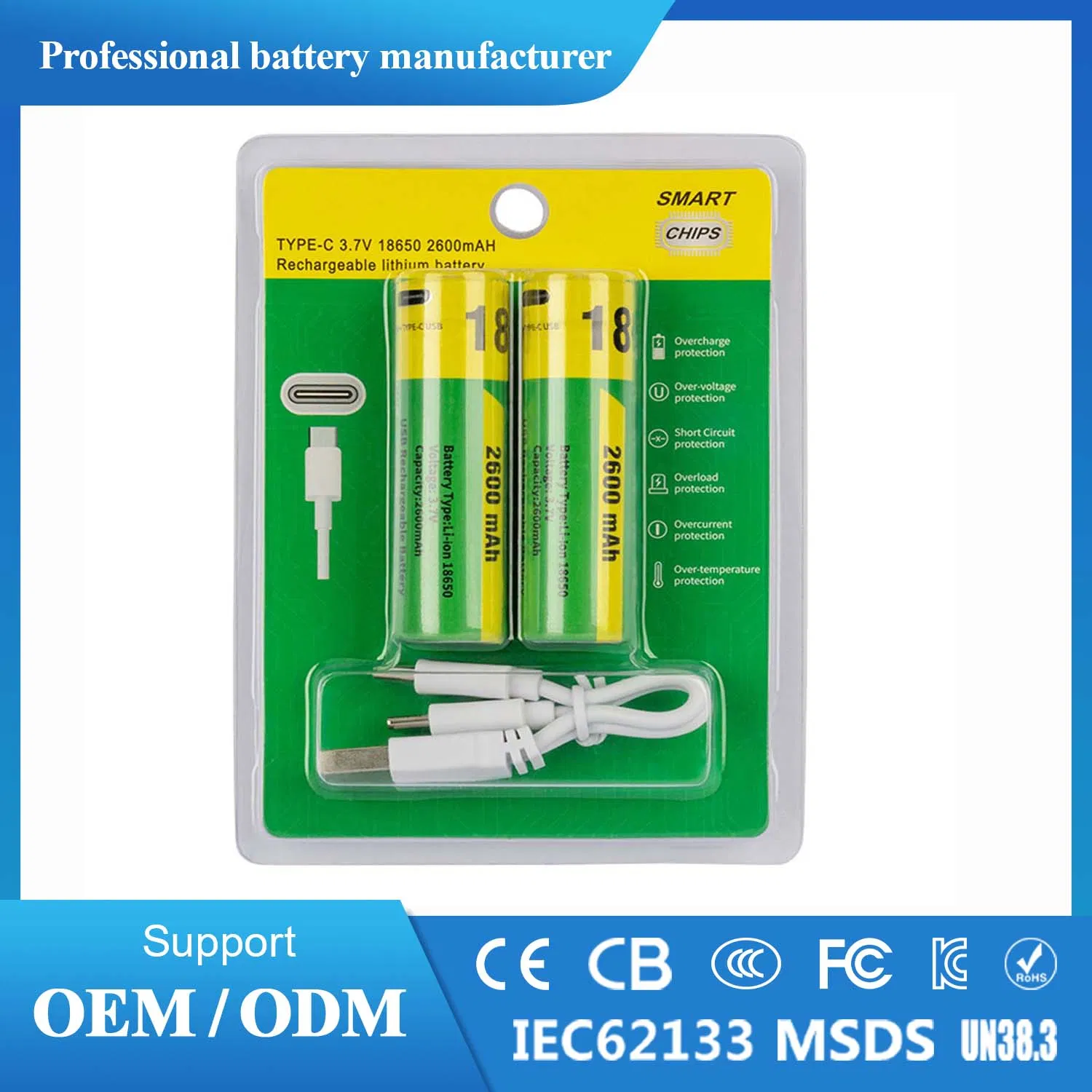 USB Totype-C Input Fast Charge Rechargeable Lithium Battery Bulk Price 1.5V 14500 AA AAA D 9V Size in Blister Card for Retail Channel