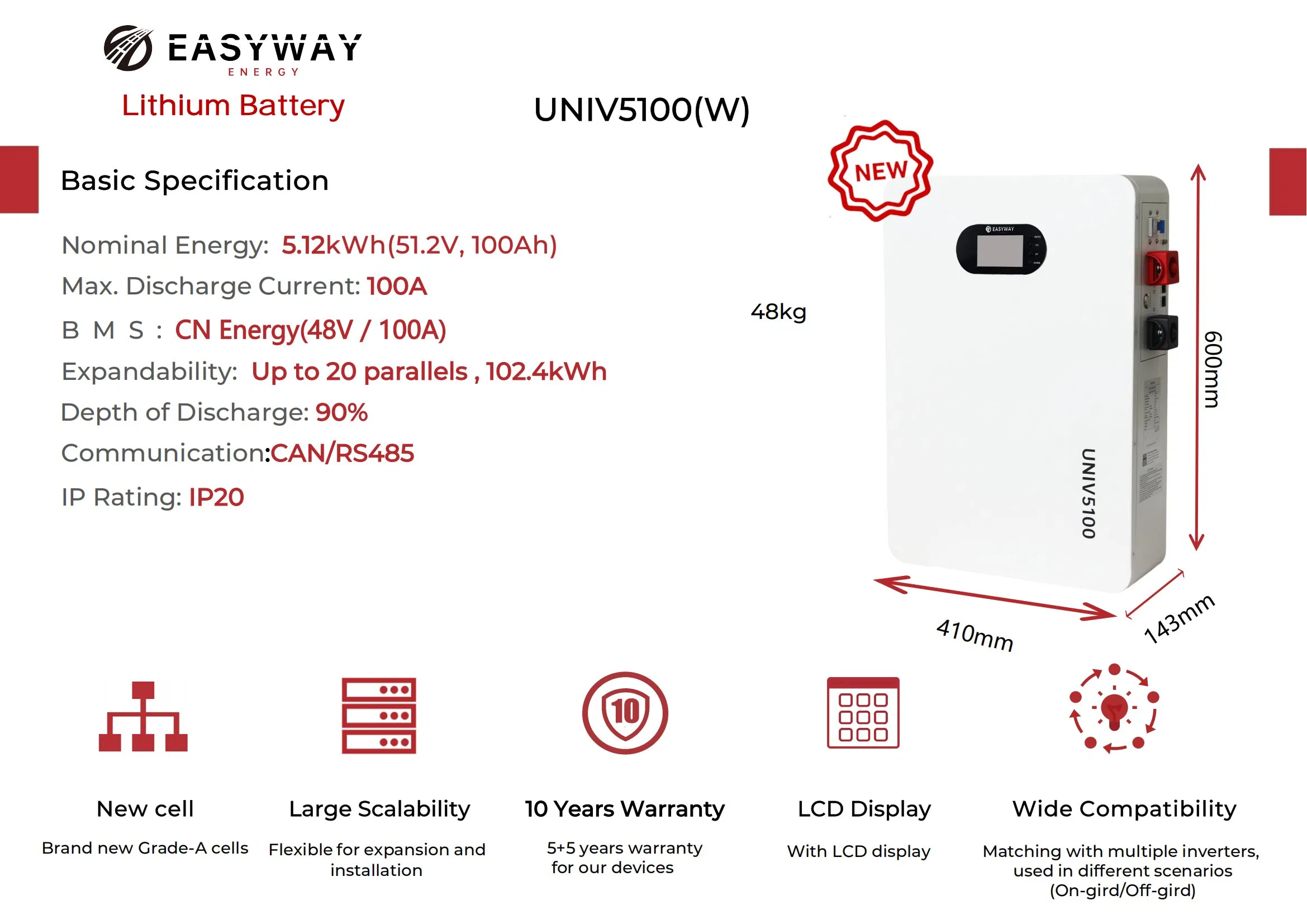 Eway 10kwh Modular Stackable Low Voltage for 5kw Pack with Lithium Battery