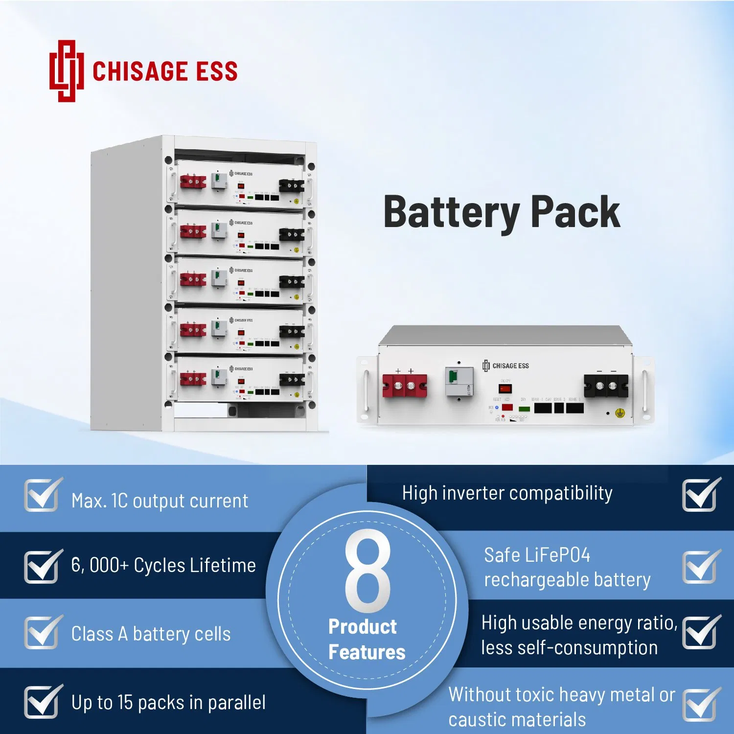Chisage Rack Mounted Deep Cycle Lithium Iron Phosphate Battery LiFePO4 Rechargeable 48V 100ah Battery for Energy Storage System