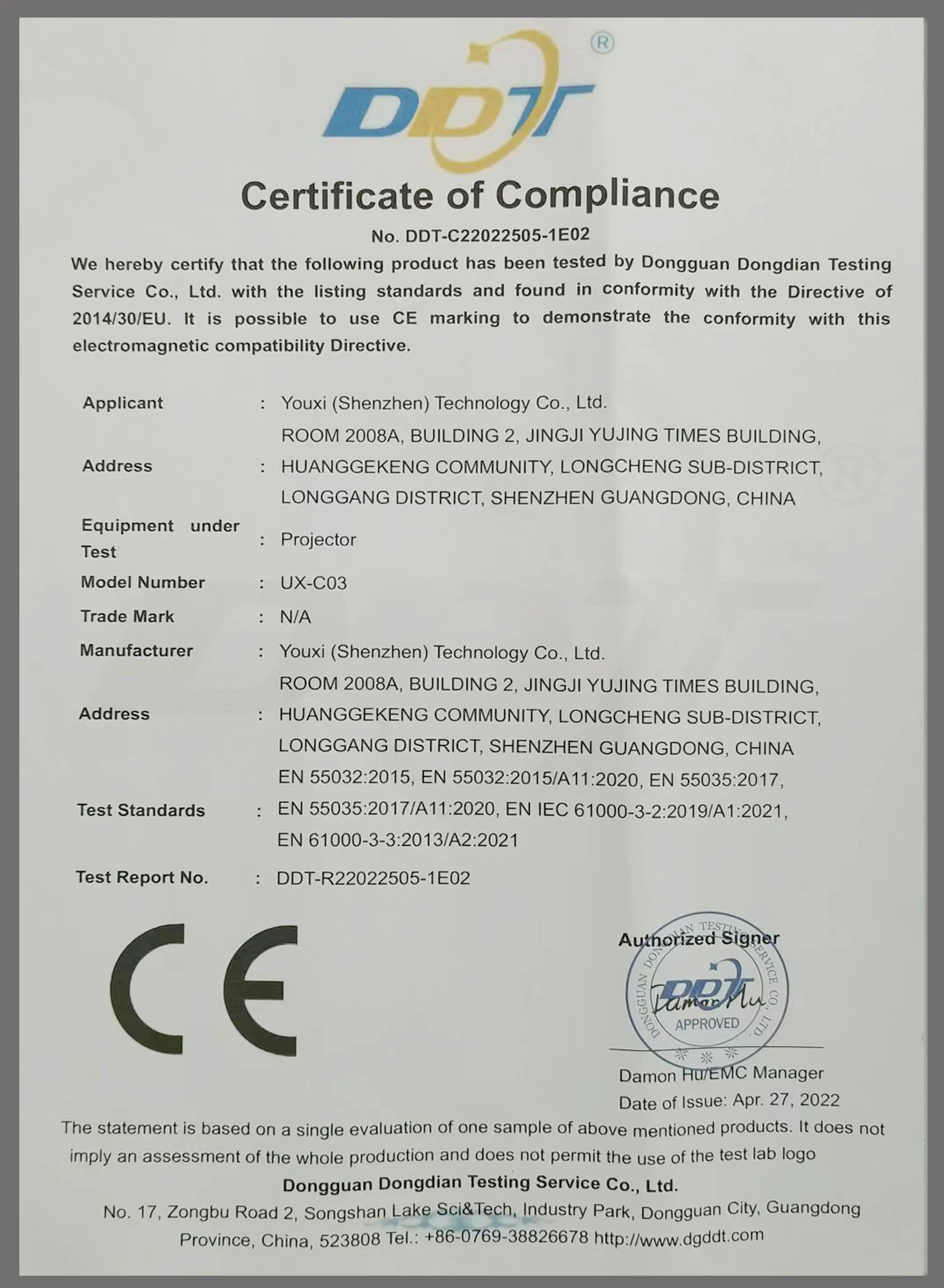 CE conformity certificate