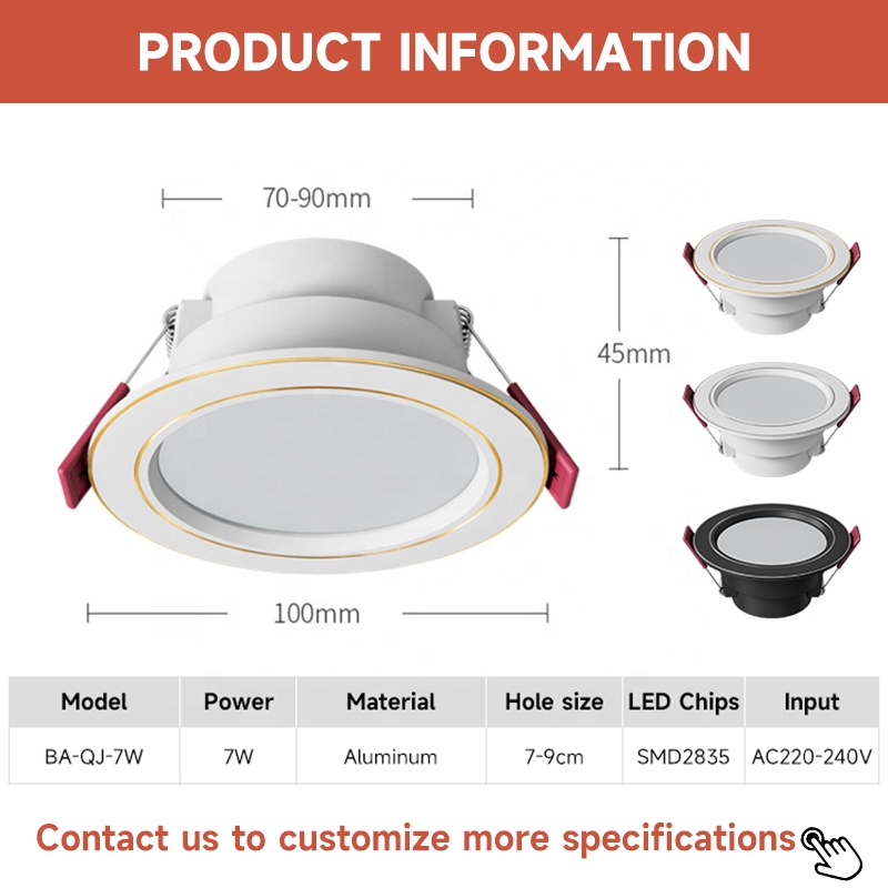 Eye Protection Commercial Lighting Supermarket Mall Hotel Home Aluminum 7W Ceiling Recessed LED Downlight