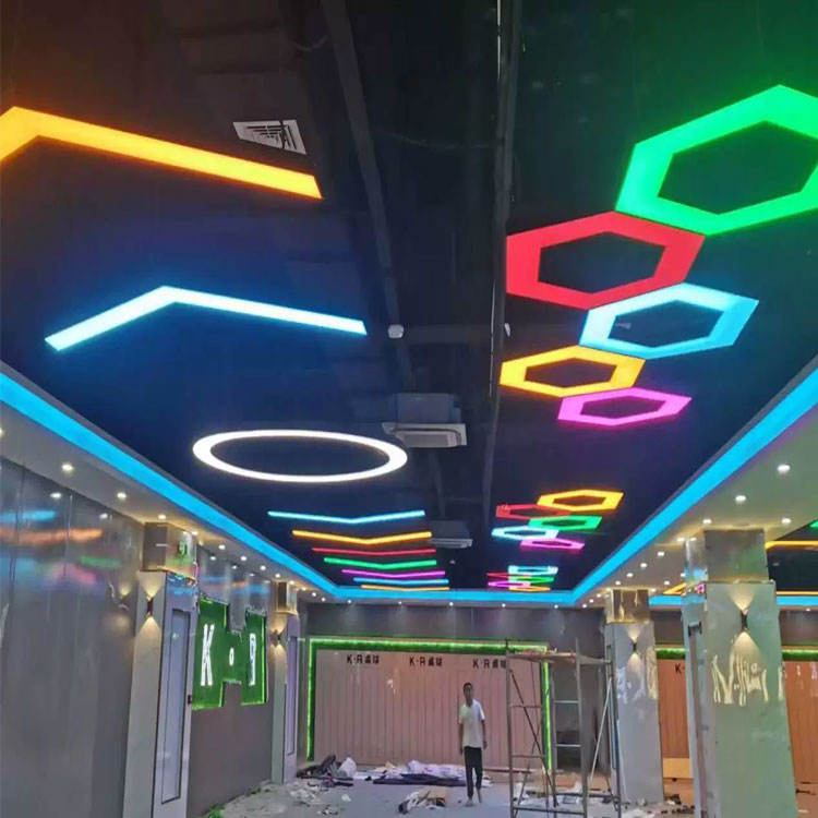Commercial Modern Hexagon LED Light 3CCT Dimmable Hanging Lamp Ceiling Linear Pendant Lights for Office Gym Barber Shop Hotel