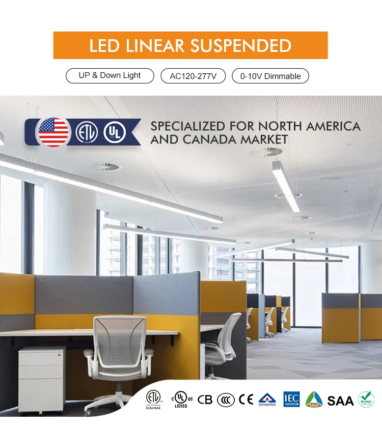 Linkable Linear Suspension Light, Dimmable LED Pendant for Office and Commercial Lighting