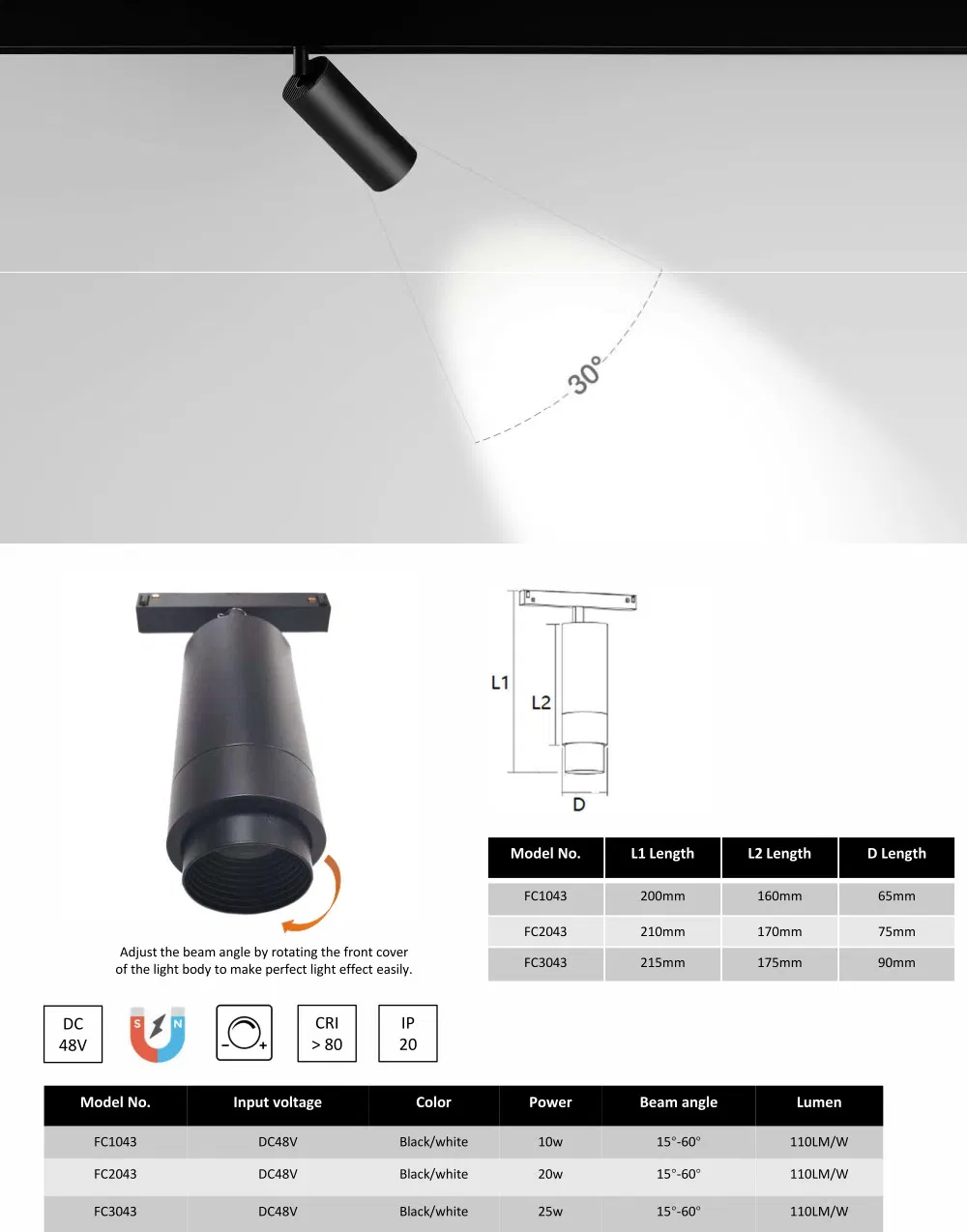 DC48V Magnetic LED Spotlight Zoomable