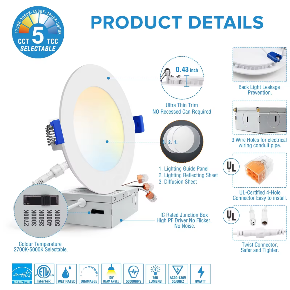 Deep Regressed Baffle Design 6 INCH 12W Recessed Canless Wafer Trim 5CCT LED Downlight IC Rated Low-glare Ceiling Light