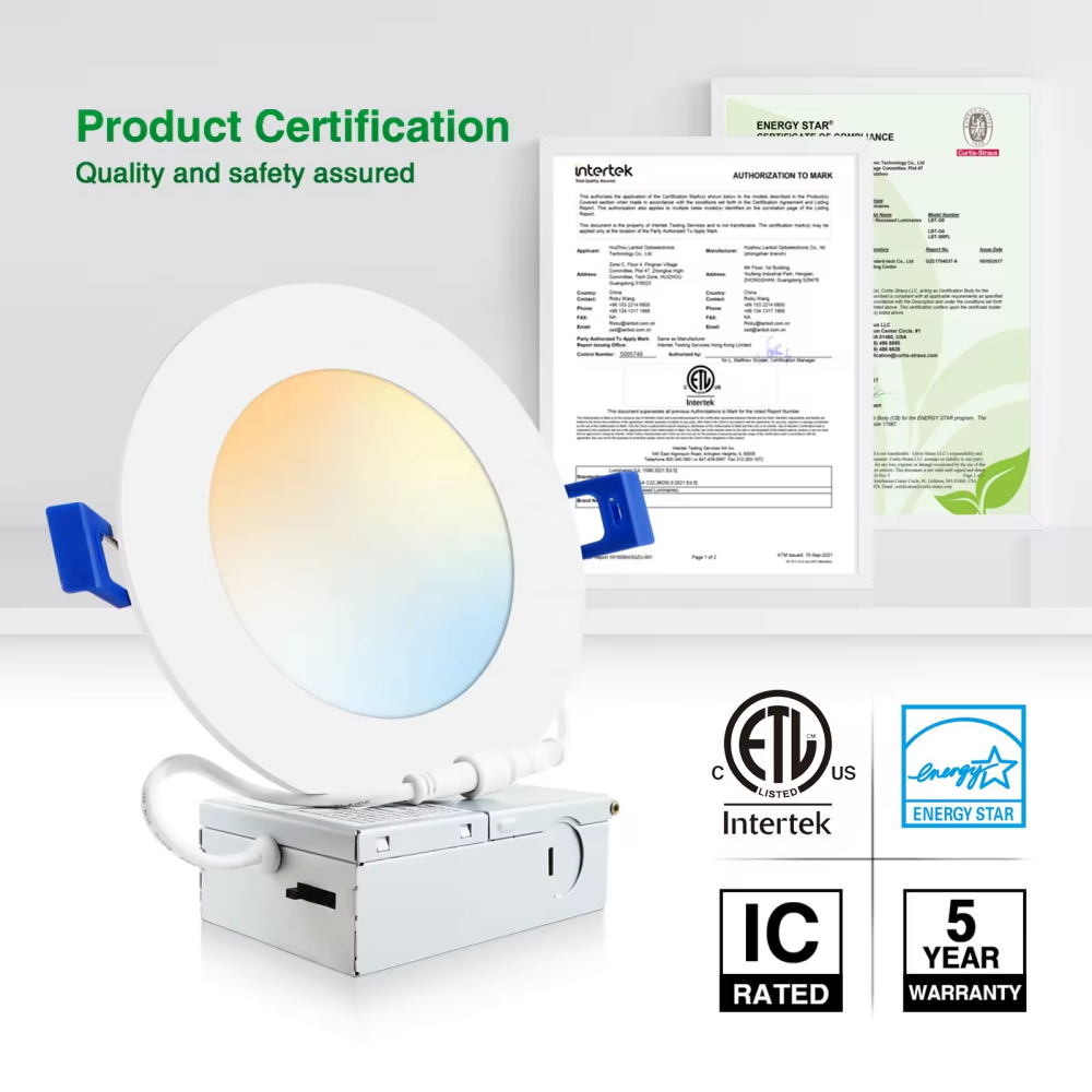 Deep Regressed Baffle Design 6 INCH 12W Recessed Canless Wafer Trim 5CCT LED Downlight IC Rated Low-glare Ceiling Light