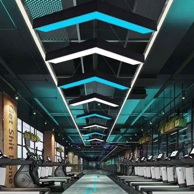 Custom Modern V-Shaped Design Commercial Chandelier Office Gym Hanging Light RGB Linear Arrow Pendant Light for Gym
