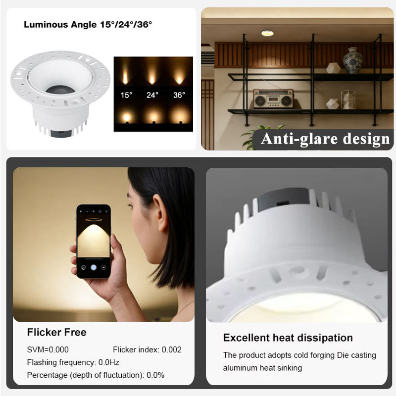 Custom 12W Dimmable Anti Glare Tuya SAA Trimless Recessed Down Ceiling Light LED Downlight for Hotel Commercial