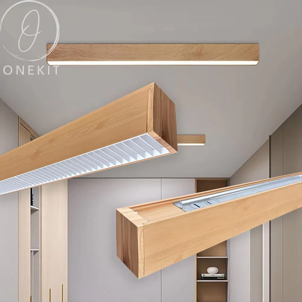 40W Suspended Fixture Wooden Pendant Lighting Commercial Office Chandelier Linear Light