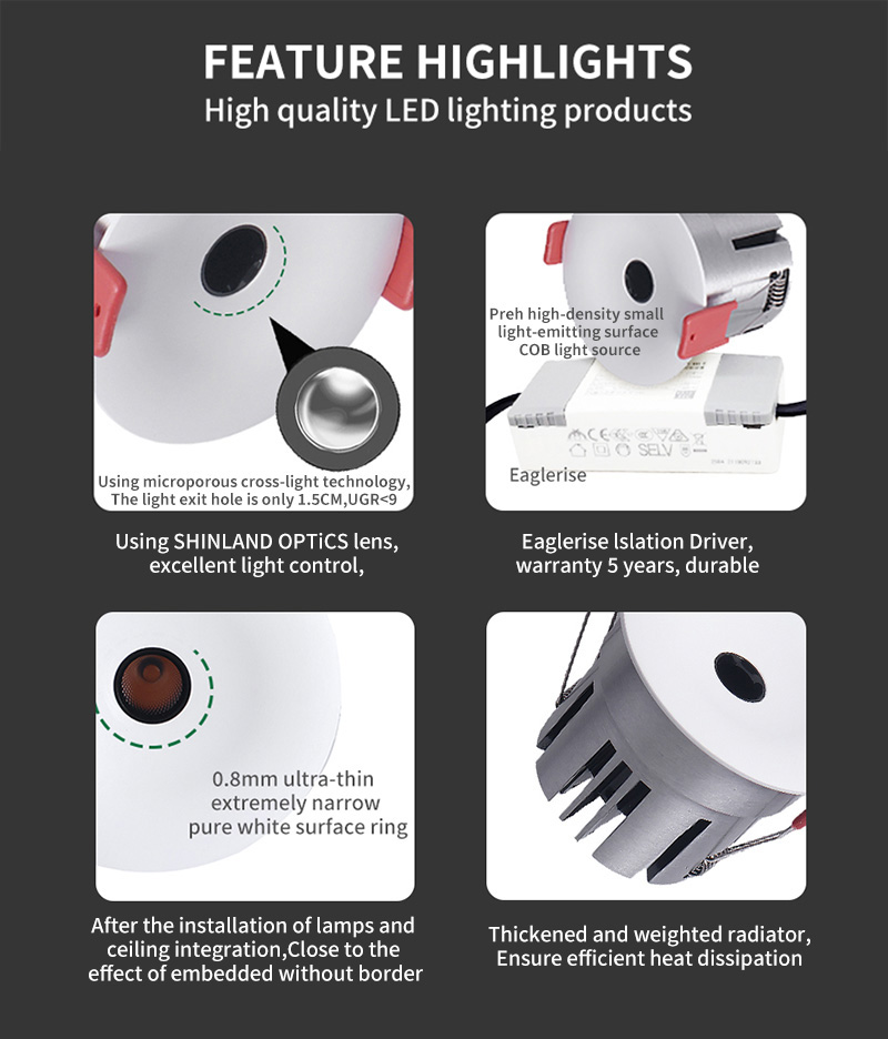 Commercial Indoor Ra92 Deep Anti-glare 7W 9W 12W 15W 18W 20W Spot lumineux Led Plafond Micro-perforated Aluminum Downlight