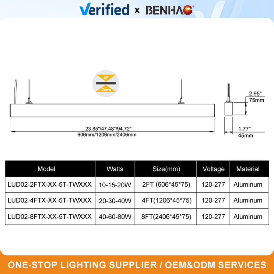 UL/cUL Listed 30W Linkable Linear Suspension Light, Dimmable LED Pendant for Office and Commercial Lighting