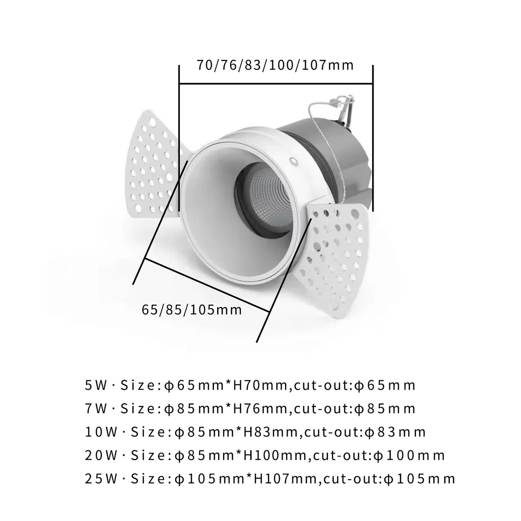 Round Shape Downlights LED COB Aluminum Recessed Trimless Downlight