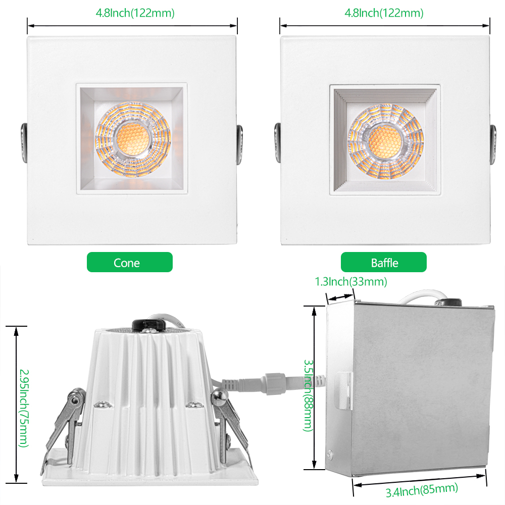5-Year Warranty Square Downlight Deep Anti-glare with Baffle Trim ETL Listed 3 Color Tunable Anti Glare LED Downlights