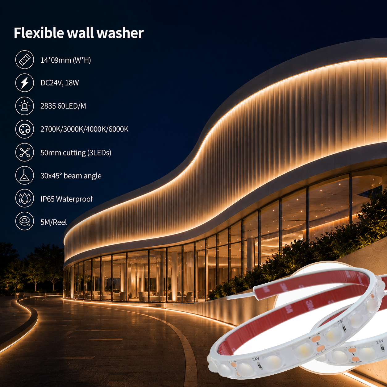 New 24V 18W T1409 Dimmable Outdoor Led Strip Light RTS LED Flexible Wall Washer IP65 Rating Smart Strip Lighting IP65 CE ROHS