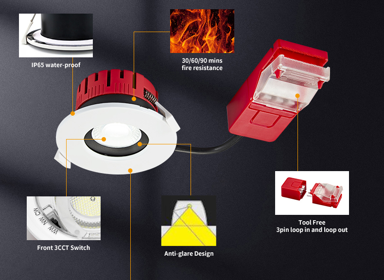 Anti Glare Led Downlight Replaceable Led Module Recessed IP65 Fire Rated Dimmable Down Light Spot