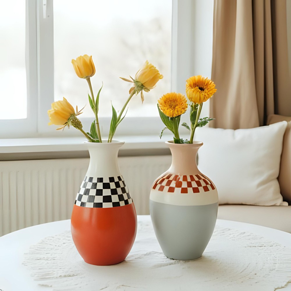 China Colorful Checkerboard Glossy Ceramic Two-Piece Vase Home Decor VDLK5182 Suppliers, Factory