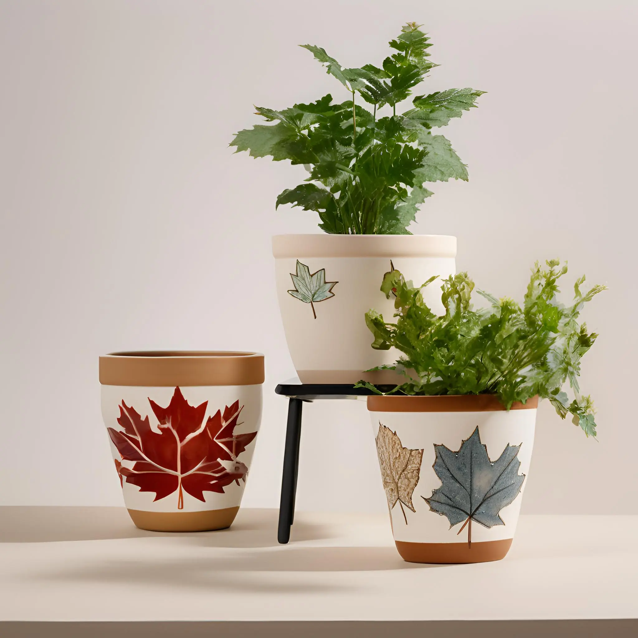 Terracotta style warm brown and orange ceramic planters for Autumn home decor.