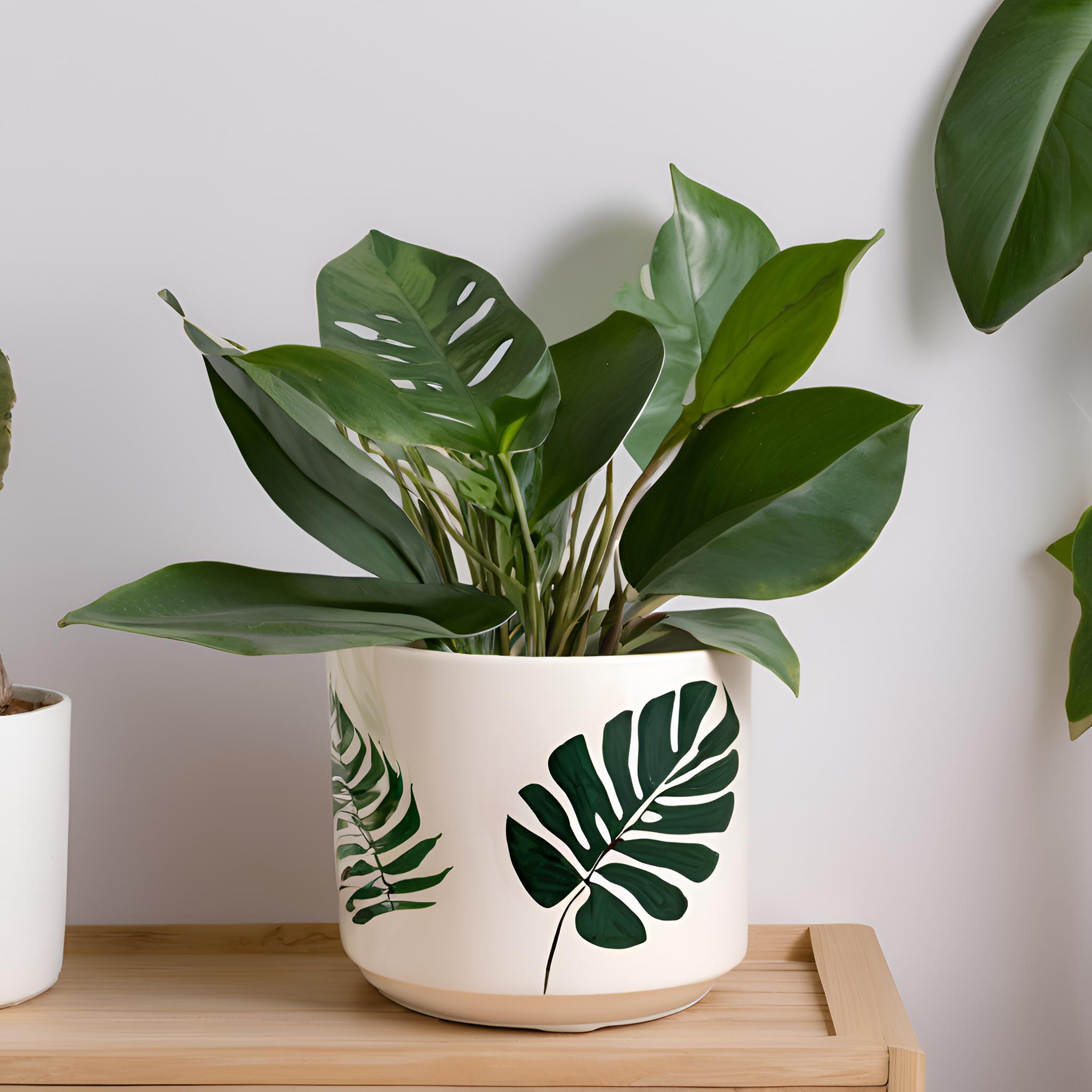 China Monstera Leaf Print Ceramic Planter - Minimalist Indoor Decor Pot VDLK1815 Manufacturers, Suppliers