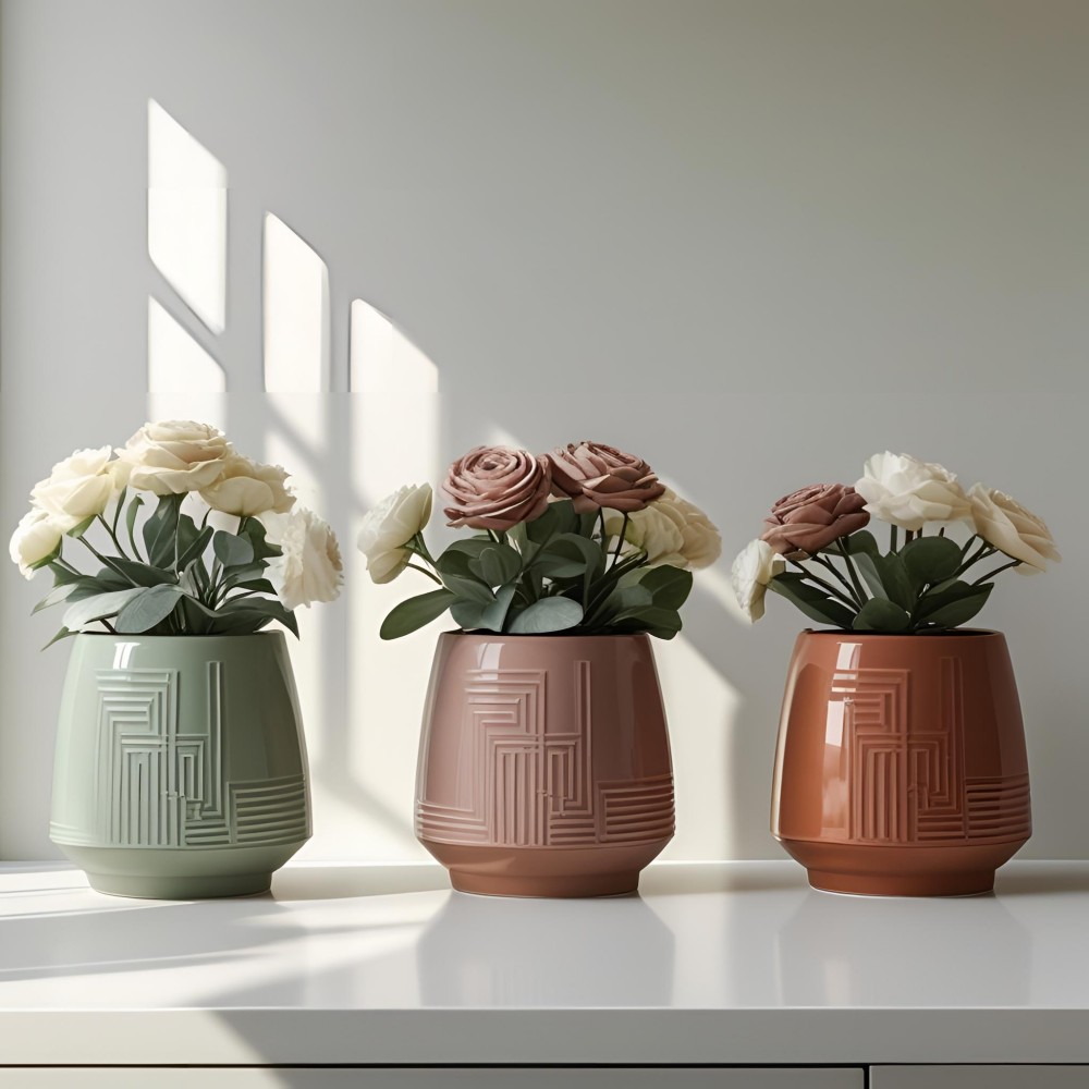 Cheap Glossy Geometric Embossed Ceramic Planter Trio Indoor Home Decor Pot VDLK4734 Supplier, Factory