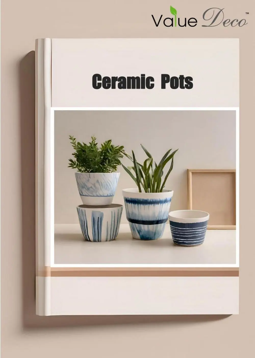 Digital catalog cover of premium ceramic pots and horticultural planters.