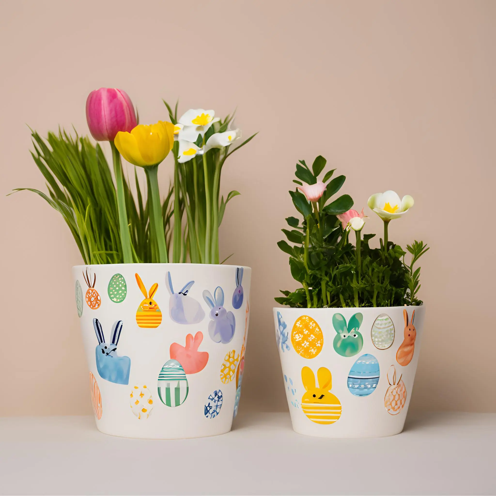Egg shaped pastel ceramic containers and playful rabbit design flower pots for Easter.