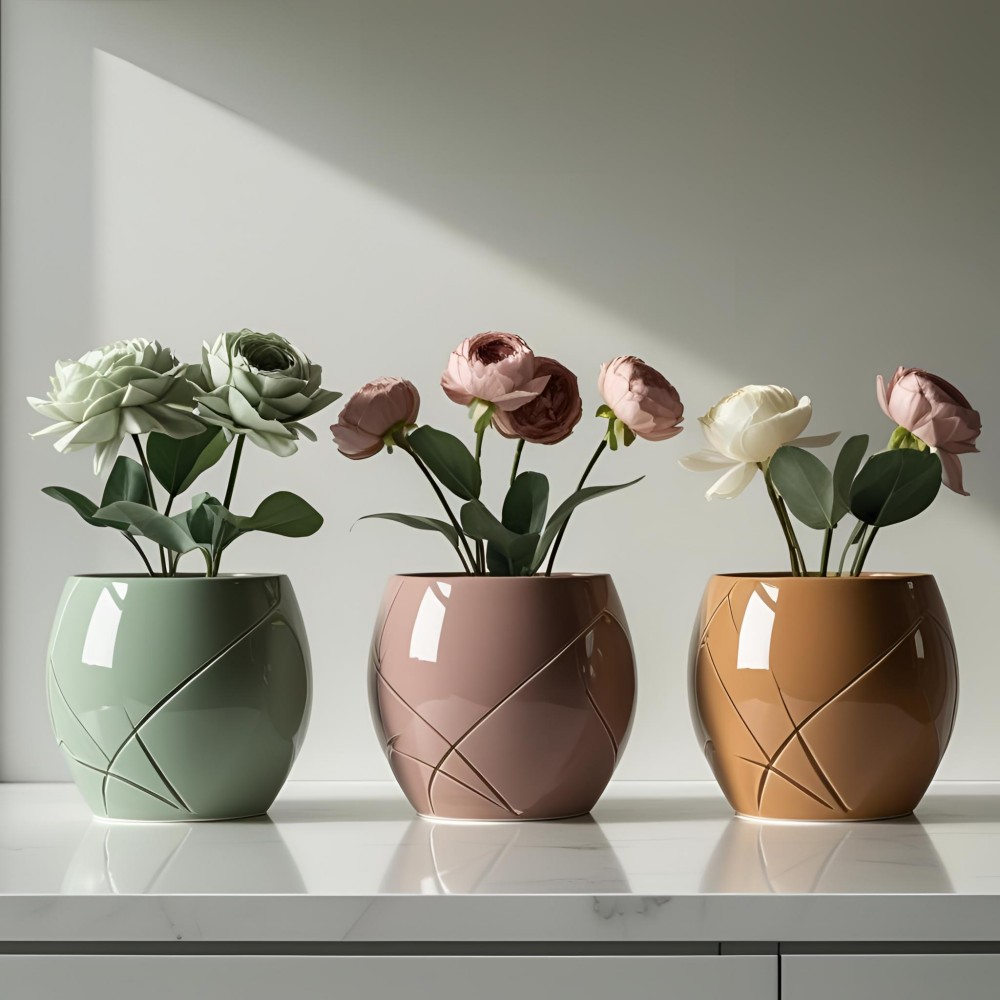 Cheap Cross-line embossed glossy ceramic vase set of three for table decoration - for indoor plant cultivation VDLK4771 Supplier, Factory
